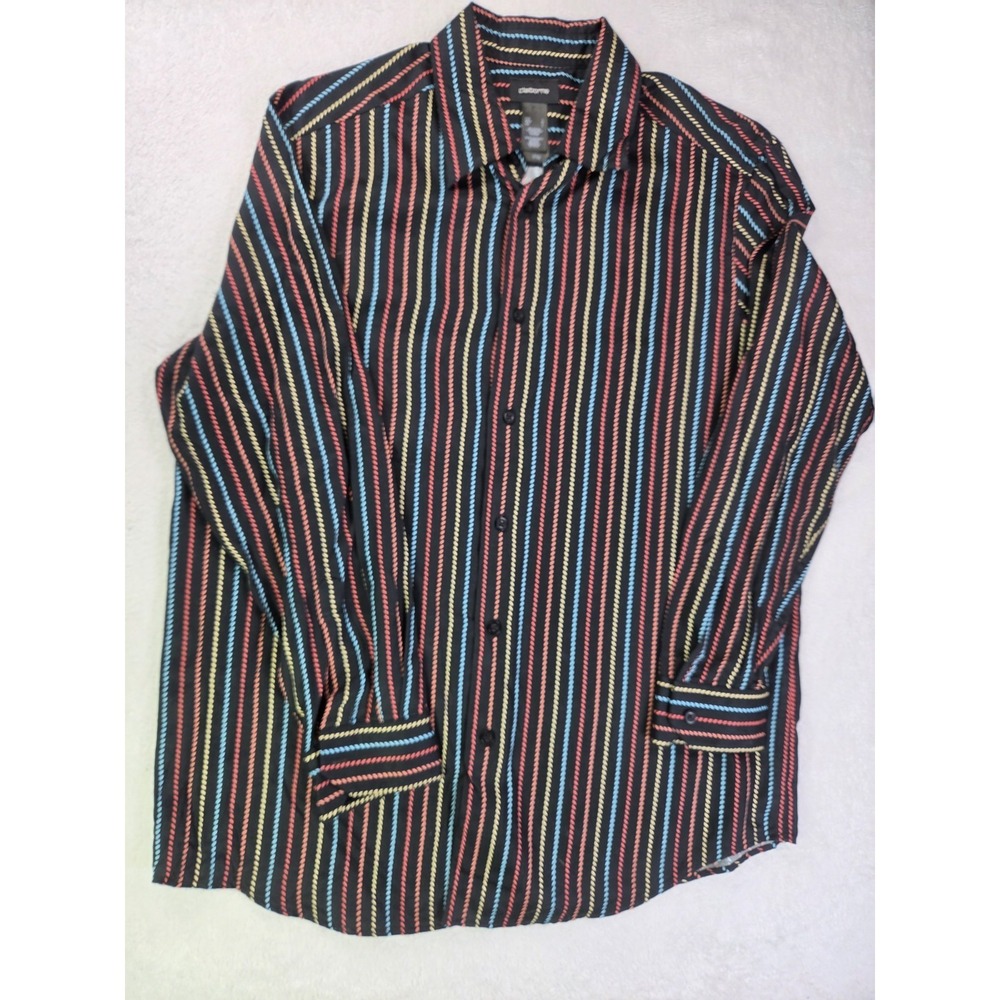 Claiborne Mens Large Button Up Shirt Multicolor Striped Cotton Rayon Casual...